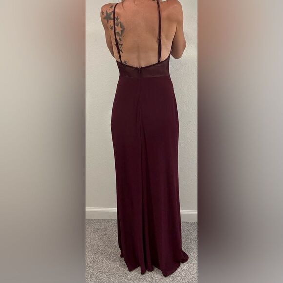 Blondie Nites Burgundy Formal Gown Beaded Halter Side Slit Open Back Dress - Picture 4 of 9
